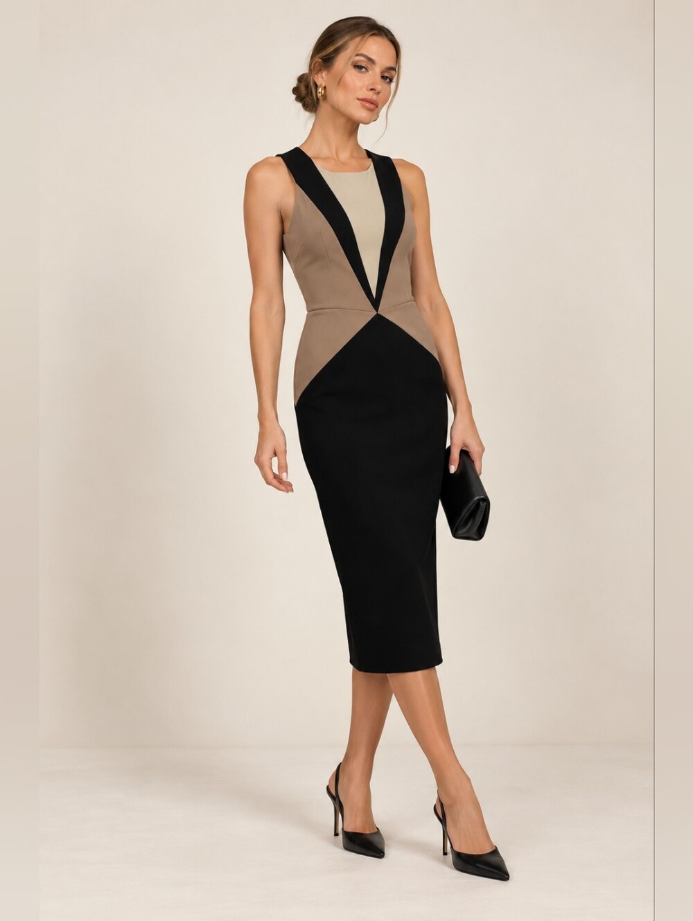 PAULE KA Black and Tan Geometric Midi Ottoman Colourblock Dress